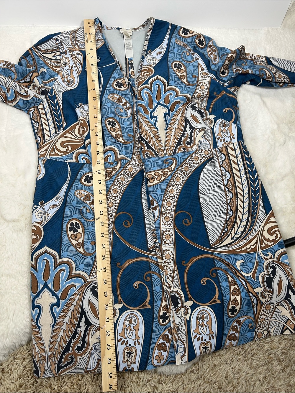 Chico’s Faux Suede Paisley Topper Duster Jacket Blue Brown Open Front - Picture 9 of 10